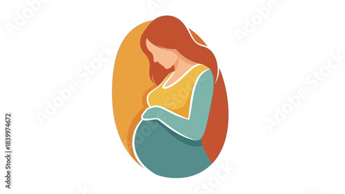 A stylized illustration of a pregnant woman with red hair cradling her baby bump, set against a warm oval background.