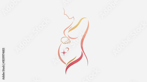 Elegant illustration of a pregnant woman's silhouette with a subtle gradient of warm colors, featuring a crescent moon and star on her belly.