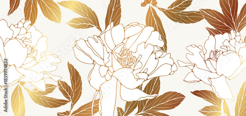 Luxury golden peonies and leaves vector floral design in oriental style. Wall decoration, obi or cover design.