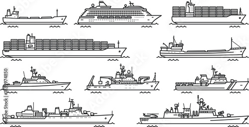 Ship icon set, cargo container cruise warship silhouette, maritime vessel illustration, black line graphic, ocean transport symbol grid