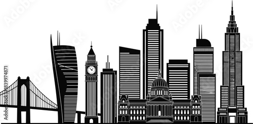 City skyline silhouette vector, iconic landmarks, suspension bridge, dome building, modern skyscrapers, architectural mix, black illustration, global design