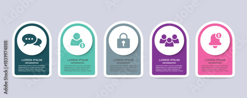 Modern business and marketing infographic design with five step processes and icons.