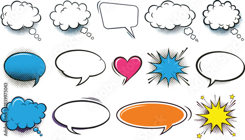 Comic speech and thought bubble vector set, explosion icons, heart symbol, cartoon design, black outline, graphic element, dialog sketch