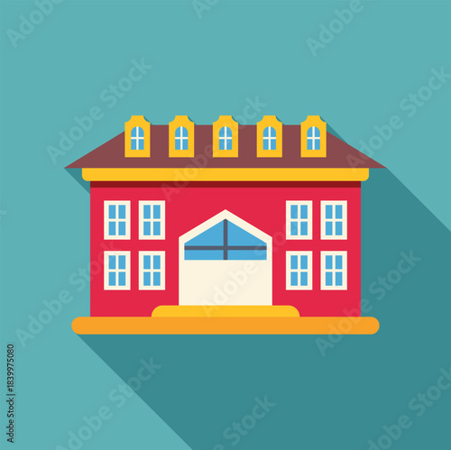 Red building illustration showing architecture, real estate, and property concept with a long shadow