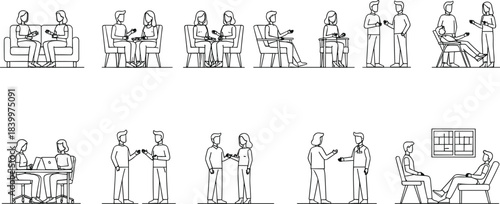 Counseling and therapy session vector illustrations featuring people talking, consulting, mentoring, mental health support and communication scenes