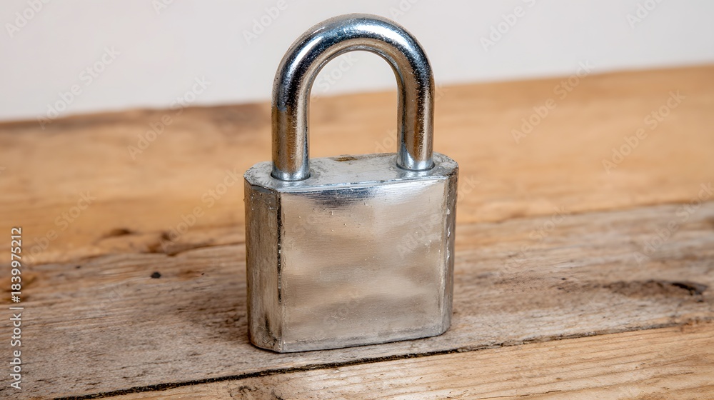 Fototapeta premium Metal padlock on wood, representing security and trust in a close-up view.