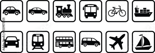 Transportation icon set, silhouette vehicle illustration, car train bus boat airplane graphic, mobility symbol artwork, black rounded design