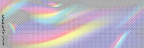 Blurred rainbow refraction overlay effect. Light lens prism effect on transparent background. Holographic reflection, crystal flare leak shadow overlay. 