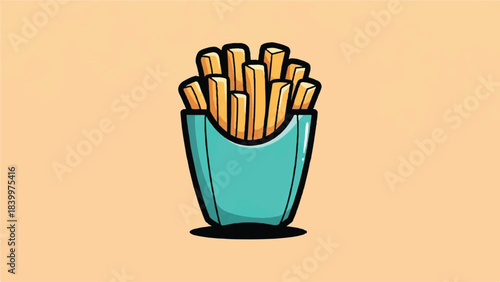 Illustration of french fries in a blue container on a beige background.