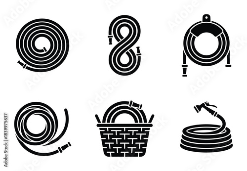 Garden hose coiled. Water hose in basket. Hose reel icon. Water supply. Irrigation system.
