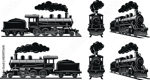 Vintage steam locomotive illustration set, black and white train drawing, historical railway engine artwork, retro transportation graphic, antique train sketch