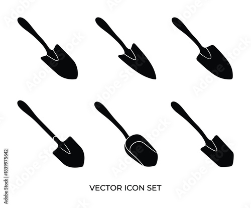 Garden trowel icon set. Various hand shovel designs for gardening, planting, and digging.