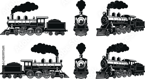 Vintage steam locomotive illustration set, black and white train drawing, historical railway engine sketch, retro transportation artwork, antique train graphic