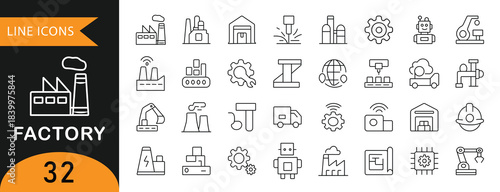 Minimal vector icon set, Of industrial factory operations, logistics, automation, machinery, and engineering in clean line style.”
