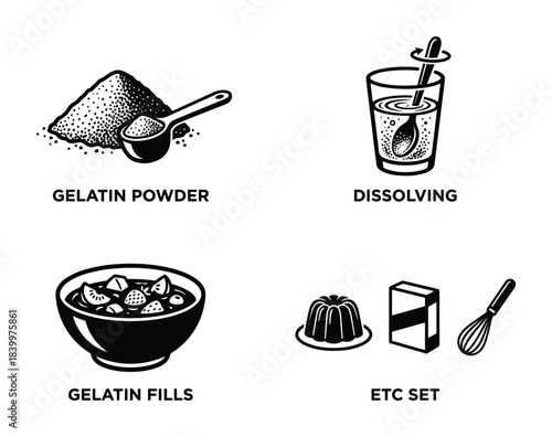 Gelatin powder preparation from dissolving to set dessert with fruit and whisk isolated vector
