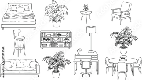 Furniture and indoor plant vector set, black and white sketch, home decor, modern interior, cozy living space, minimal design