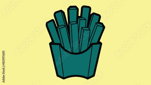 Illustration of a container of french fries on a yellow background.