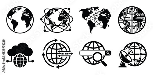 Global network and internet icons. World map, circuit board, cloud computing, satellite communication.