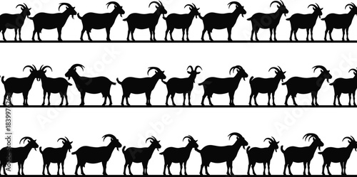 Goat silhouette vector pattern, farm animal, standing pose, black illustration, livestock icon, nature sketch, rural theme, repeat design