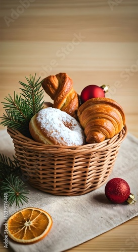 Winter Flat Lay with Croissant, Mini Doughnut, Cinnamon Twist and Red Ornaments 