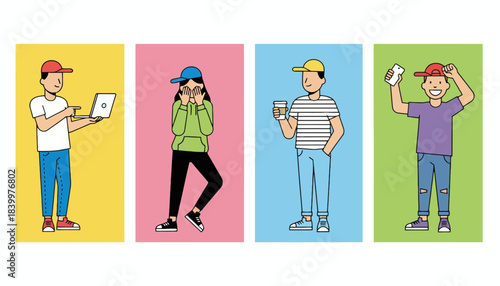 Diverse Group of Young People in Various Poses, College Students and Youth Culture Set, Minimalist Illustration of Modern Teens