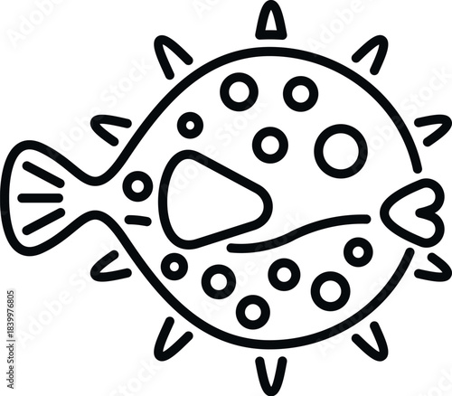Pufferfish ocean animal line art icon for marine life and aquatic themes