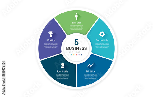 Vector infographic label design and business circle infographic template design 5 options. Can be used for process diagram, workflow layout, banner, flow chart presentations.