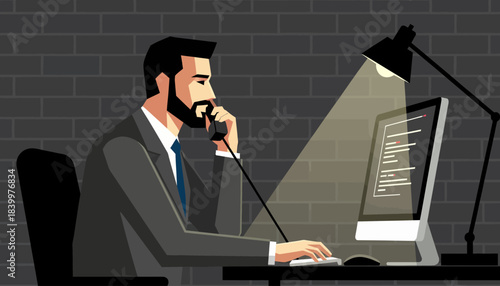 Focused Businessman Talking on Phone Late Night, Corporate Man Working Overtime on Computer, Dedicated Executive Customer Service