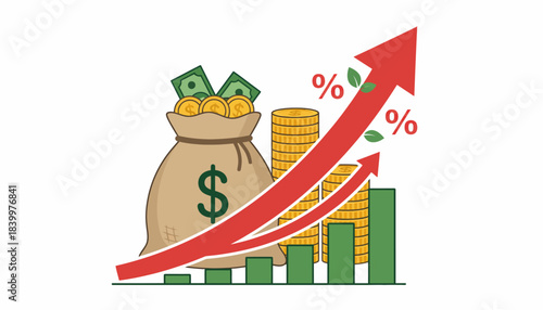Financial Growth Percentage Increase Chart, Money Bag and Gold Coin Investment Success, Economic Progress and Wealth