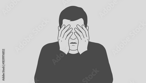 Man Hiding Face Stress and Fatigue, Black and White Illustration of Despair, Person Covering Eyes with Hands