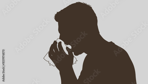 Man Sneezing into Tissue Dark Silhouette, Flu and Cold Symptom Profile Graphic, Blowing Nose and Illness