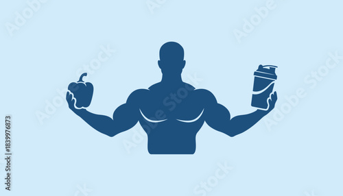 Muscular Man with Shake and Bell Pepper Silhouette, Bodybuilding Diet and Training Graphic, Natural Food vs. Supplement