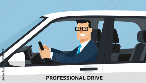 Professional Businessman Driving White Car, Happy Corporate Man Behind Steering Wheel, Safe and Confident Driver Illustration