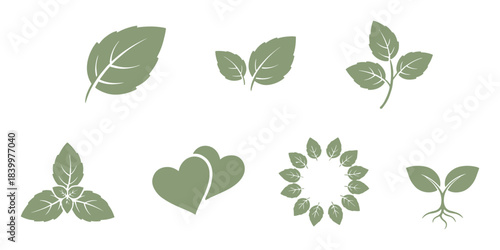Green leaf icons in various arrangements, including single, clusters, hearts, sprouts, and wreaths.