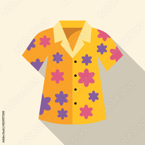 Hawaiian aloha shirt design featuring a vibrant floral pattern and a long shadow