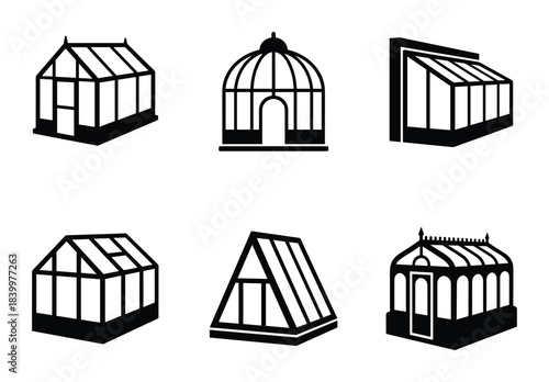 Greenhouse vector icon set. Various glasshouse and hothouse structures. Gardening building.