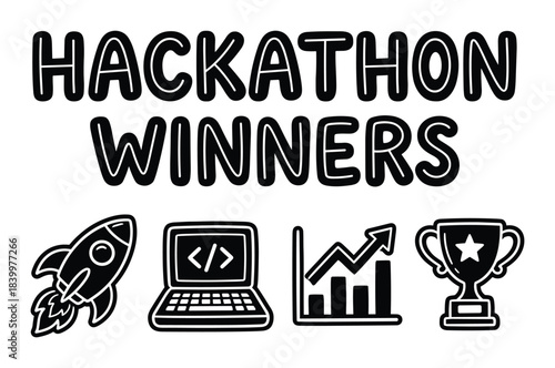 Hackathon winners text, programming competition success, innovation icons, development achievement symbol.