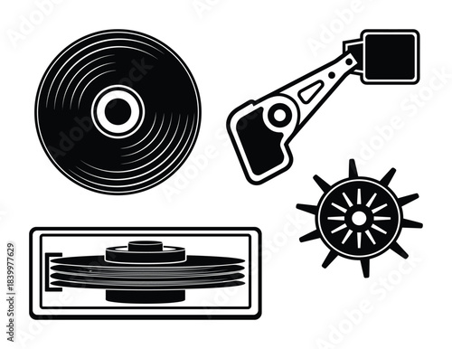 Hard disk components vector icons, storage device parts, computer hardware elements for electronic designs.