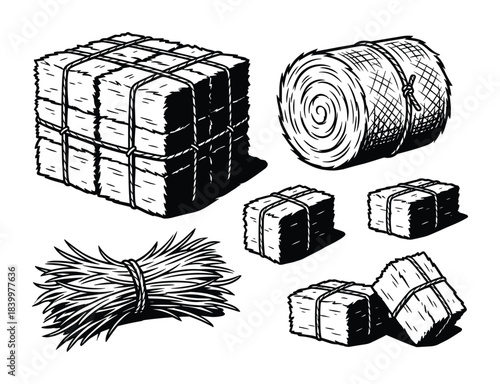 Hay bales and sheaves set, hand drawn farm agriculture elements, cut dried grass bundles harvest season.