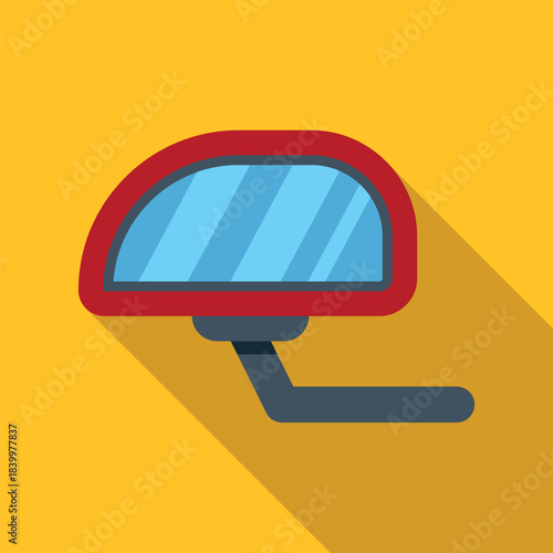 Red car side mirror icon with blue reflection on a yellow background