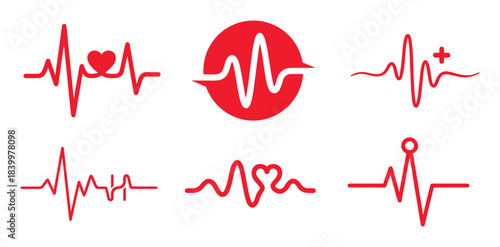 Heartbeat pulse lines. Electrocardiogram symbols. Medical health monitoring. Set of health icons.