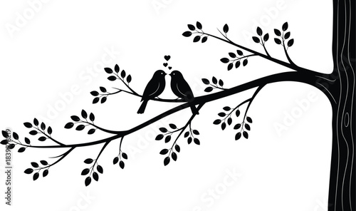 Love birds silhouette vector, romantic tree branch, heart shapes, kissing birds, nature scene, black illustration, affection, wildlife design