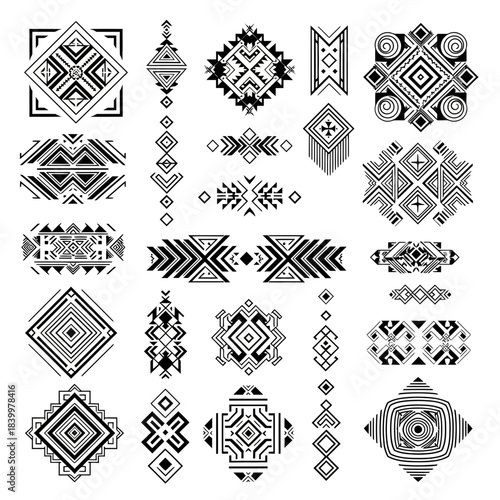 Stunning collection of bold black and white tribal geometric patterns perfect for modern textile design accents