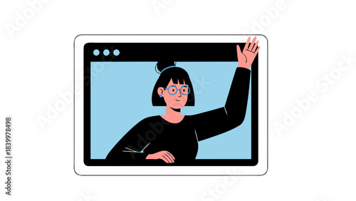 Young Woman With Glasses Waving Hello On A Computer Screen With Light Blue Background And Black Border In A Flat Design Style