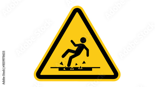 Yellow warning triangle sign illustrating a person slipping on a wet floor with scattered debris against a stark black background highlighting a safety hazard alert