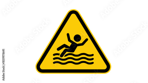 Yellow warning triangle sign depicting a stick figure falling into wavy blue water with black border on a black background graphic symbol for danger and caution