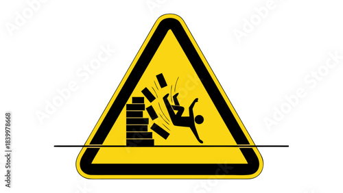 Yellow warning triangle symbol indicating falling objects danger with black silhouette of a person being struck by collapsing barrels against a black background