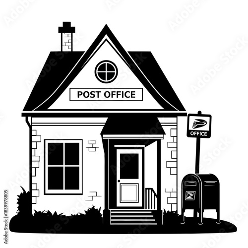 Charming black and white silhouette of a quaint neighborhood post office building with mailboxes ready for service