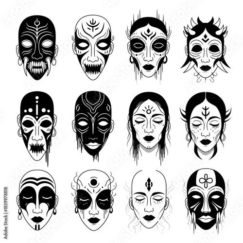 Stunning collection of twelve tribal and mystical face masks featuring intricate tribal art and spiritual designs
