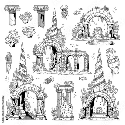 Stunning collection of ancient sunken ruins columns and sea life perfect for mysterious ocean game assets